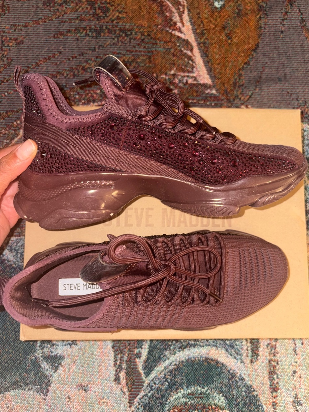 Steve Madden Maroon Bergundy Maxima Knit Rhinestone Chunky Sneaker